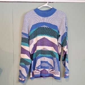 Vintage Amanda Ashley Blue Color Block Abstract Padded Shoulder Sweater